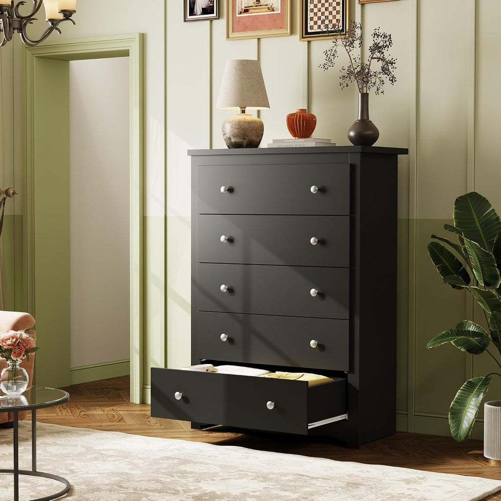 WLIVE Wooden Dresser with 5 Drawers, 45' Tall Black Dresser for Bedroom, Chest of Drawers, Storage Cabinet and Organizer Drawers for Living Room, Hallway, Closet
