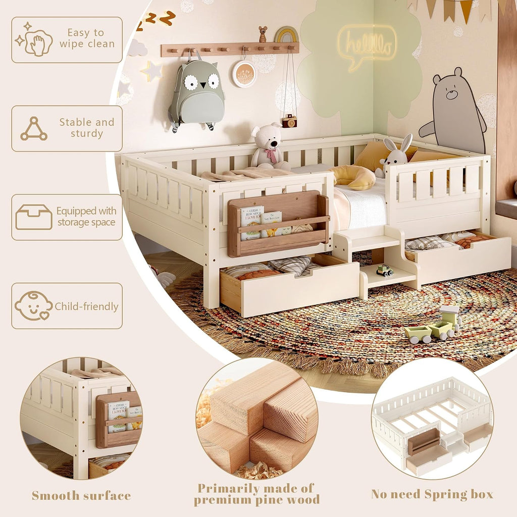 Bellemave Twin Montessori Bed with Stairs, Rails and Slats, Twin Size Montessori Floor Bed with Bookshelf and 2 Storage Drawers, Easy Assemble Beds Frame for Girls, Boys, Beige