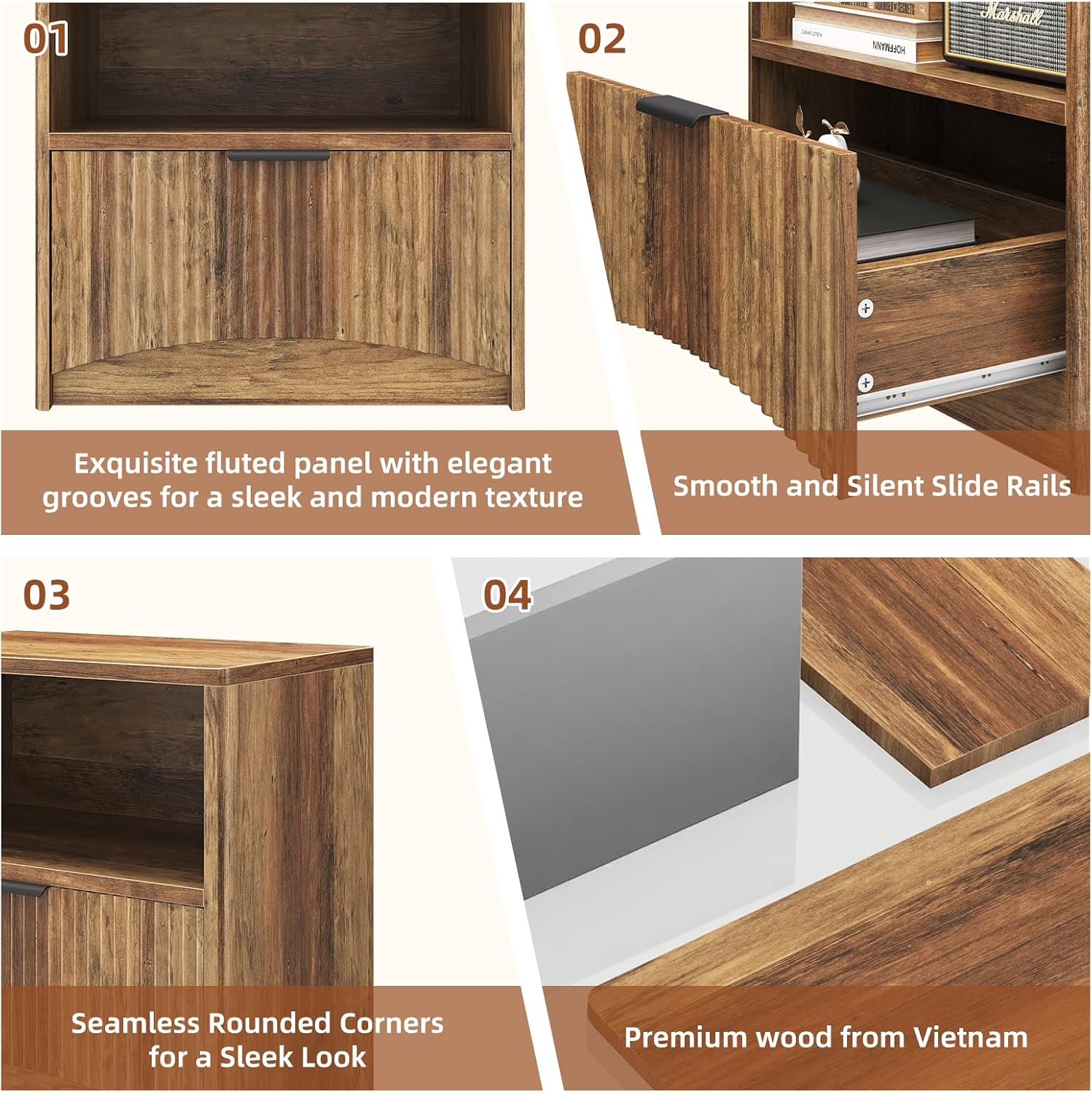 Fluted Nightstand Set of 2, MCM Mid Century Modern Bedside Tables with Drawer and Open Shelf, Minimalist Wood Bedside Table Fluted End Tables for Bedroom, Walnut