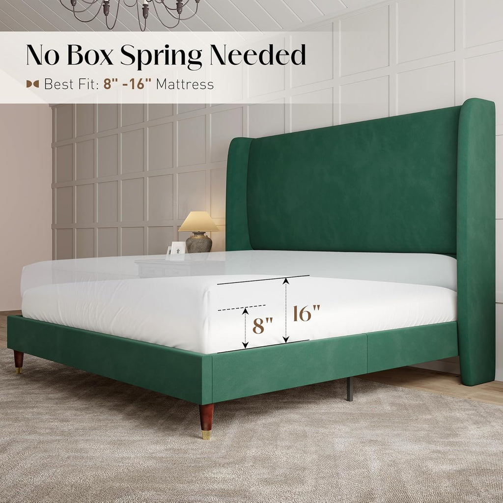 PaPaJet Queen Bed Frame with 51.2' Tall Wingback Headboard,Velvet Upholstered Platform Bed,Solid Wood Legs,No Box Spring Needed,Noise-Free&Easy Assembly,for Couples, Guest Room, Apartment,Green