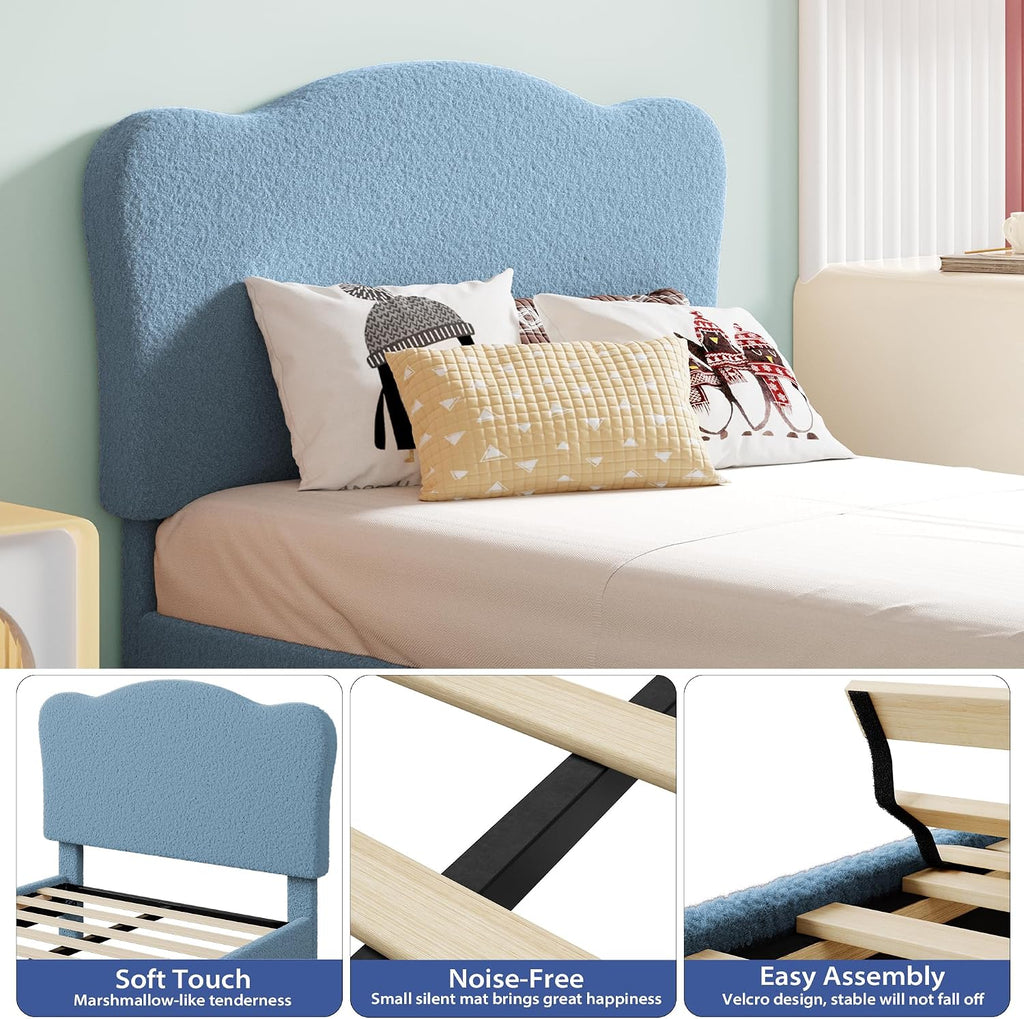 GarveeHome Upholstered Twin XL Size Bed Frame for Kids with Scallop Headboard, Cute Velvet Twin XL Bed for Girls, Boys, Sturdy Platform Bed, No Box Spring Needed, Wooden Slats, Noise Free, Blue