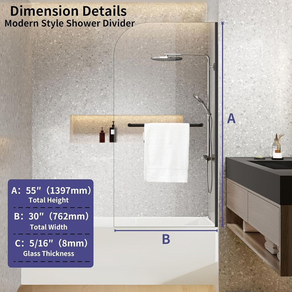 Dimaris Frameless Shower Door, 30W x 55H inches, 5/16 inch Clear Tempered Glass Panel, Matte Black, Shower Screen,Walk in Shower, Nano Coating