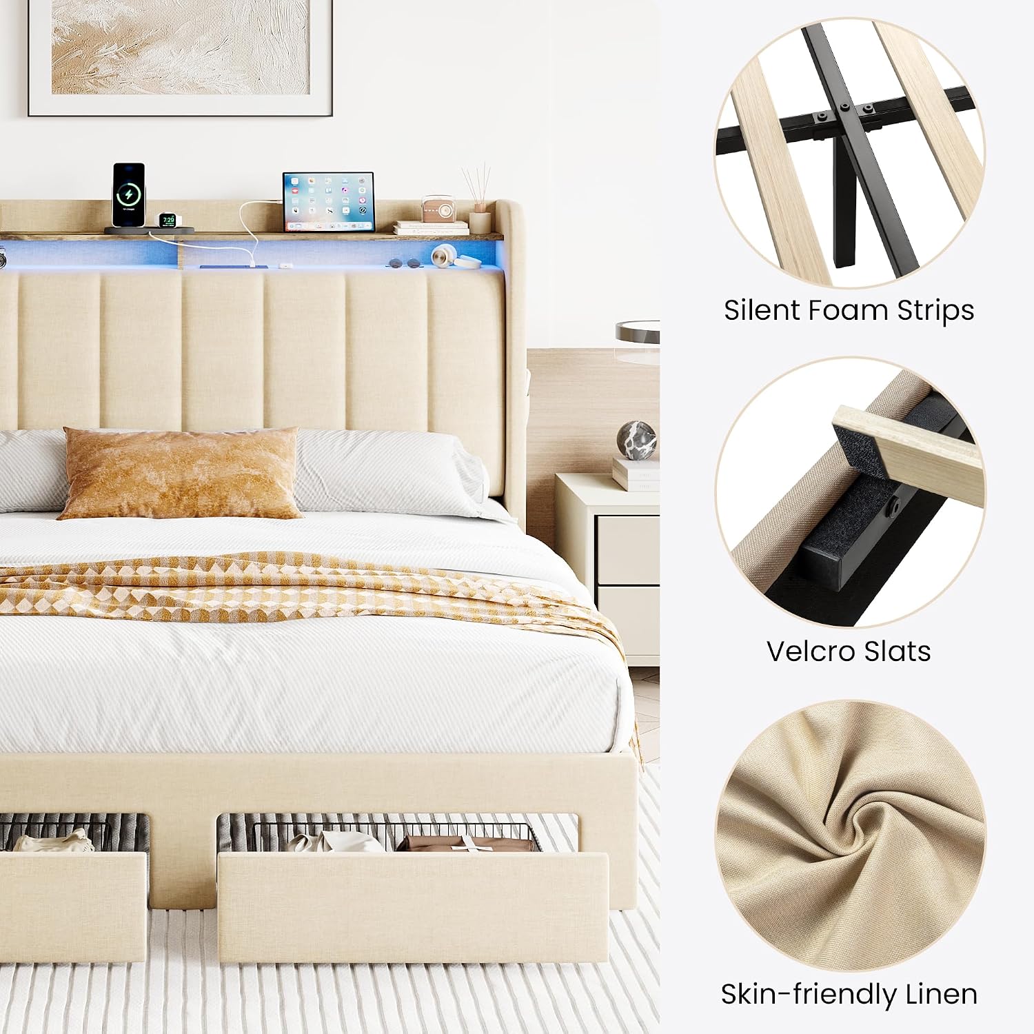 SHA CERLIN Full Size Platform Bed Frame with Vertical Channel Tufted Wingback Headboard & 2 Storage Drawers/2-Tier Shelves with LED Lights & Charging Station/Noise-Free/No Box Spring Needed/Beige
