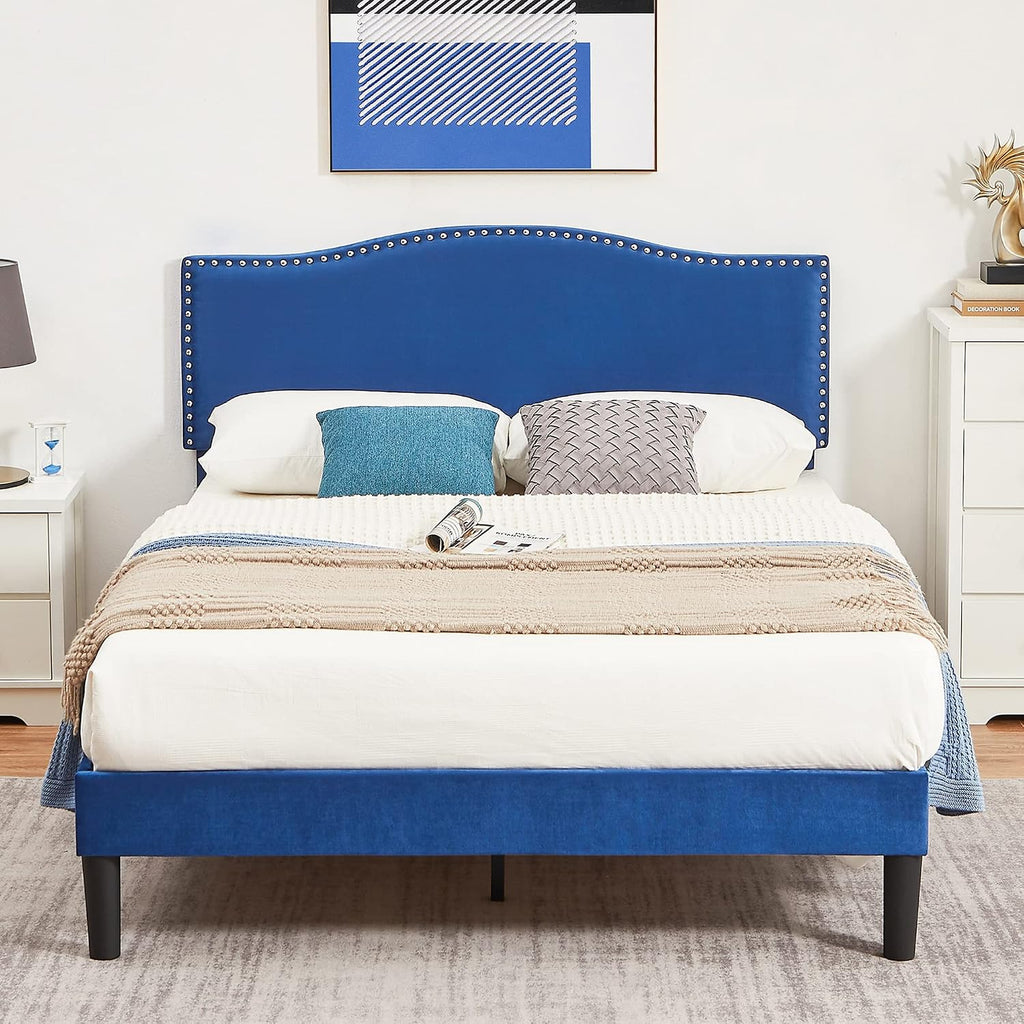 VECELO Queen Bed Frame, Platform Bed Frame with Adjustable Height Upholstered Headboard, Heavy-Duty Frames and Strong Wooden Slats Support, Non-Slip and Noise-Free, Easy Assembly, Dark Blue