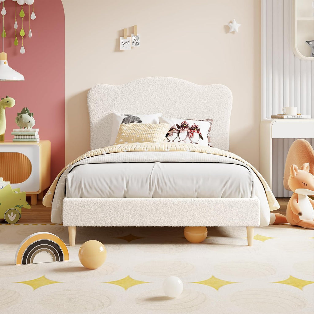 GarveeHome Upholstered Twin XL Size Bed Frame for Kids with Scallop Headboard, Cute Velvet Twin XL Bed for Girls, Boys, Sturdy Platform Bed, No Box Spring Needed, Wooden Slats, Noise Free, Beige