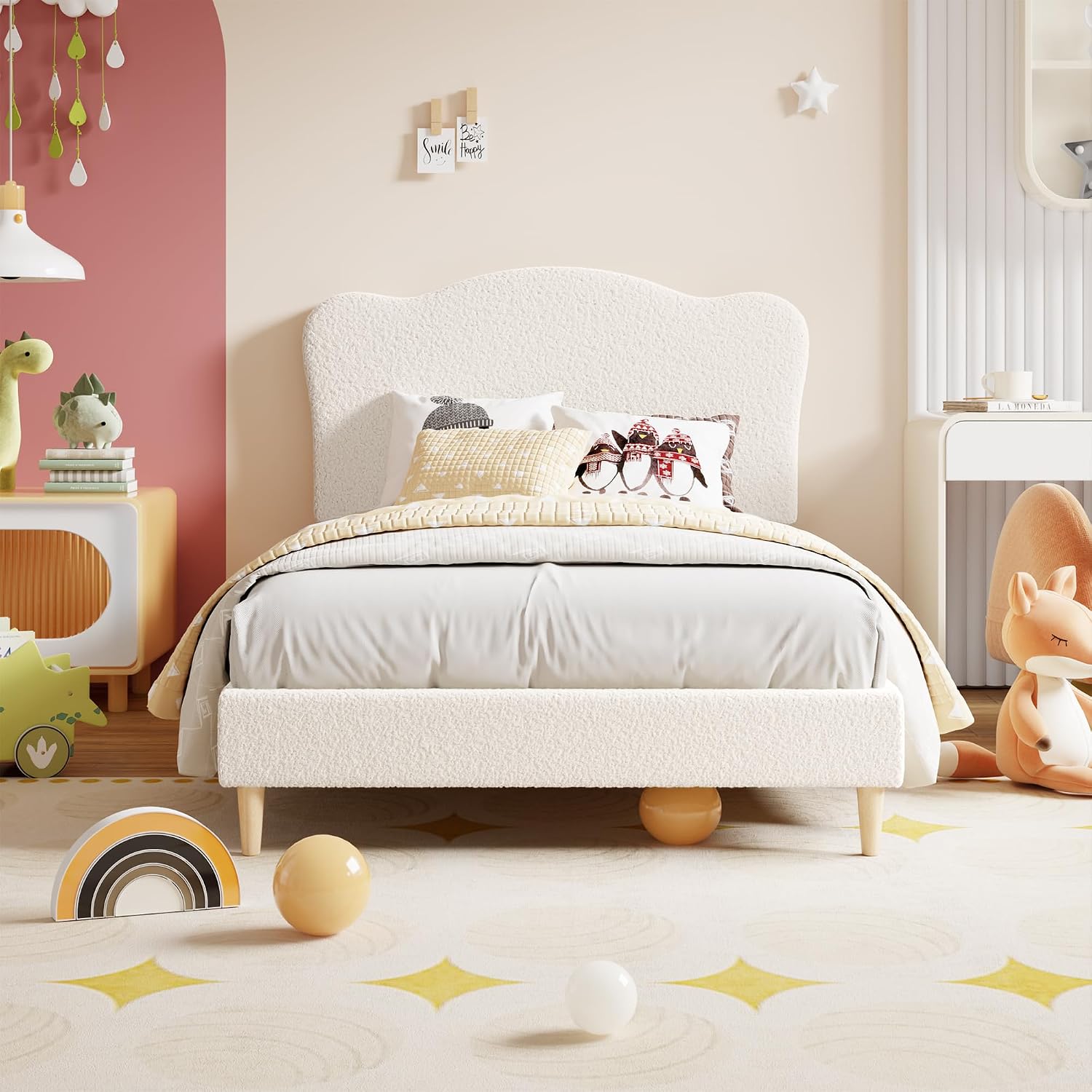 GarveeHome Upholstered Full Size Bed Frame for Kids with Scallop Headboard, Cute Velvet Full Bed for Girls, Boys, Sturdy Platform Bed, No Box Spring Needed, Wooden Slats, Noise Free, Beige
