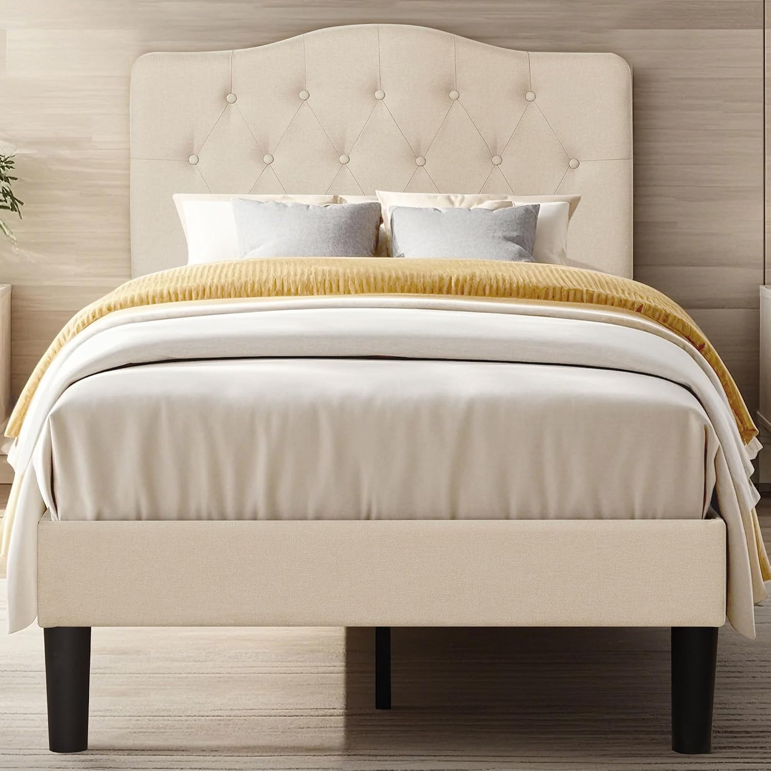 VECELO Twin Size Bed Frame Upholstered Platform with Tufted Adjustable Headboard/Mattress Foundation with Wood Slat Support, Easy Assembly,Beige