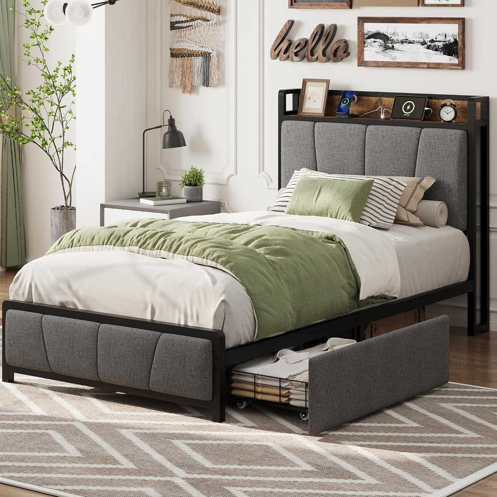 Twin-XL Size Bed Frame with 2 Storage Drawers and Charging Station, Rustic Linen Upholstered Platform Bedframe with Storage Headboard, Heavy Duty, No Box Spring Needed, Easy Assembly, Noise Free