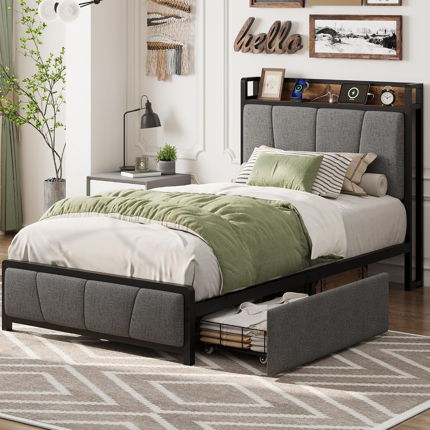Twin-XL Size Bed Frame with 2 Storage Drawers and Charging Station, Rustic Linen Upholstered Platform Bedframe with Storage Headboard, Heavy Duty, No Box Spring Needed, Easy Assembly, Noise Free