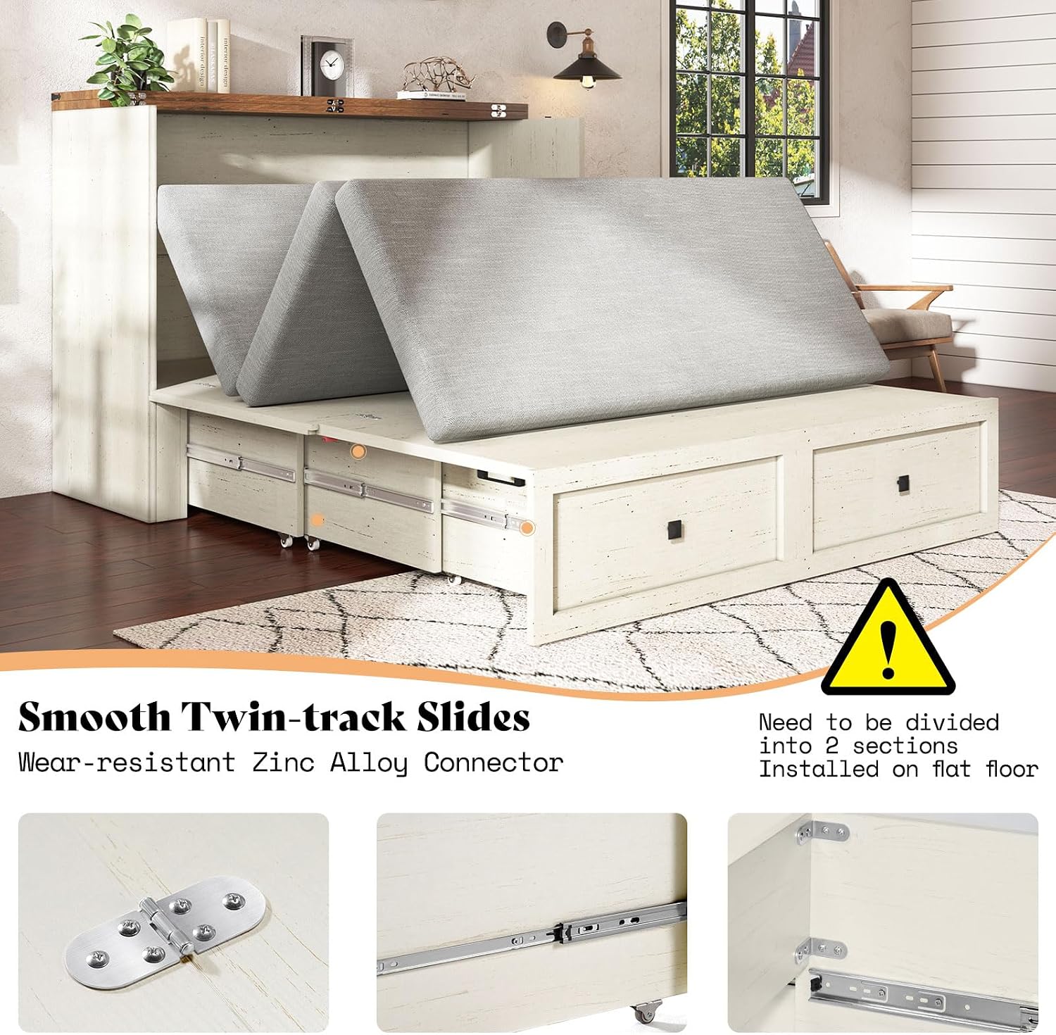 AMERLIFE Queen Murphy Bed with Storage & Charging Station, Farmhouse Murphy Cabinet with Foldable Panel, Noisy Free, for Guest Bedroom, Living Room, Office, Distressed White