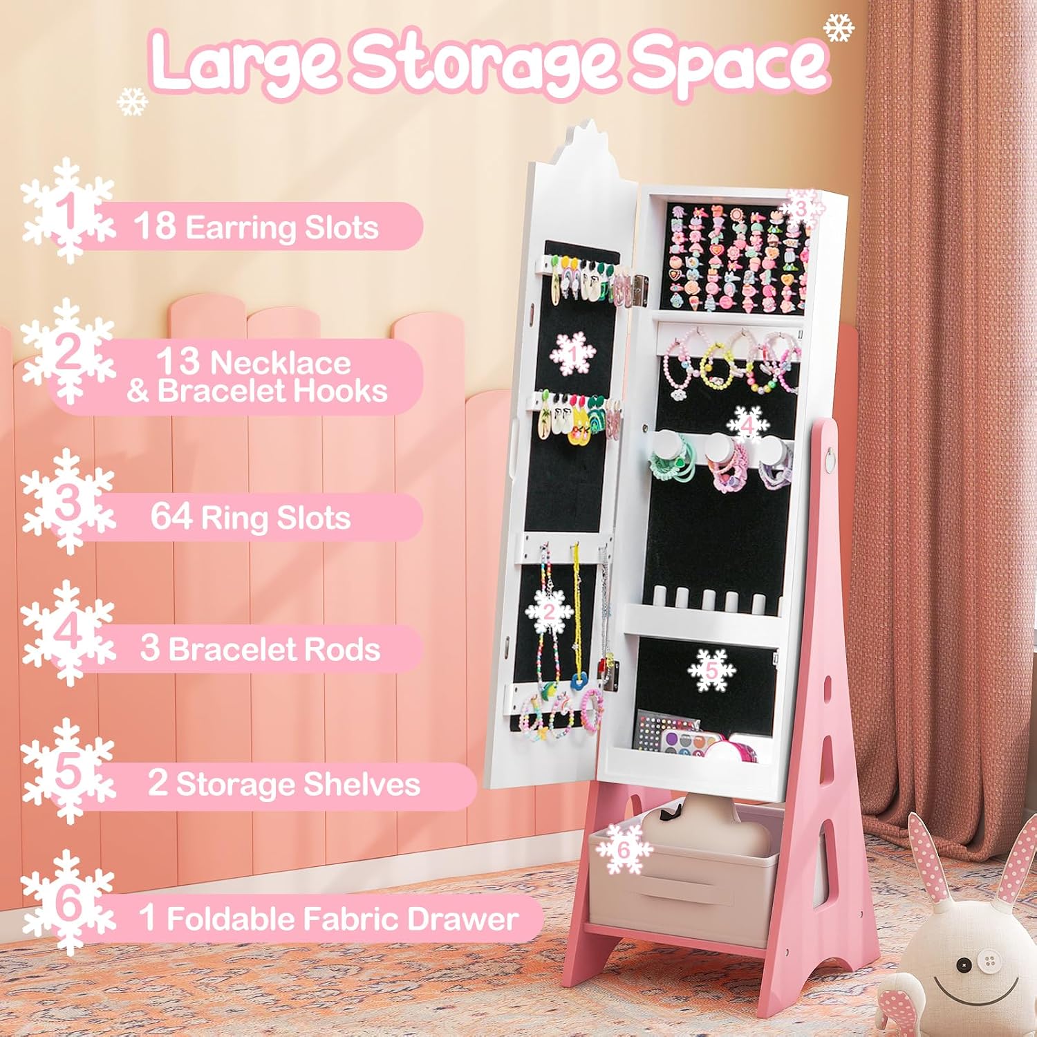 Costzon Kids Vanity & Jewelry Armoire Cabinet, Kids Vanity Table and Chair Set, Standing Jewelry Organizer with Full-Length Mirror, Kids Bedroom Furniture Set for Girls, Snowflake Print (White)