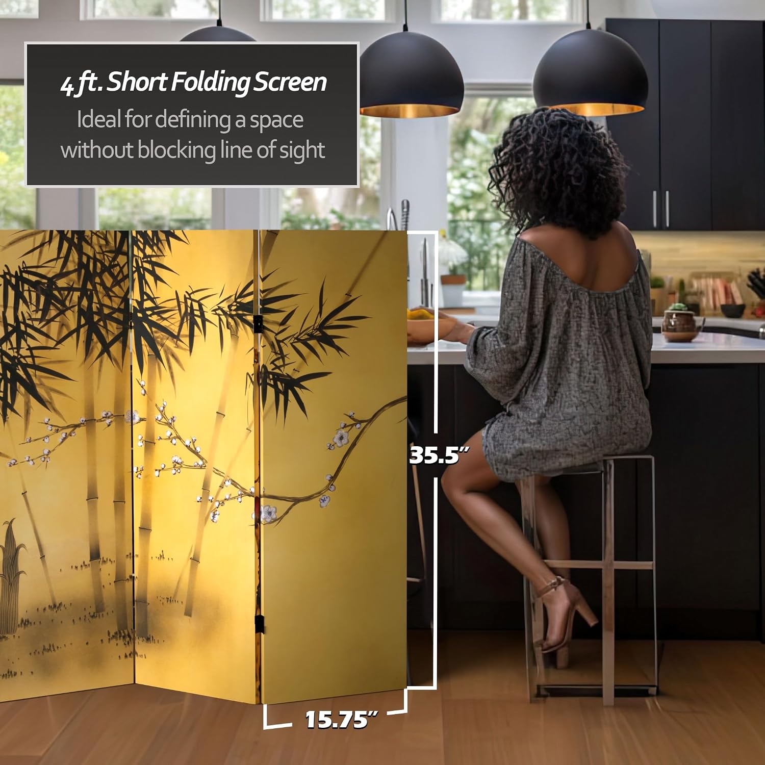 Red Lantern 4 ft. Short Double Sided Bamboo Tree Canvas Folding Screen 6 Panel Freestanding Partition and Separator for Modern and Contemporary Bedroom, Home Office, Studio, Dorm, Apartment