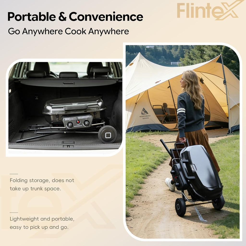 Flintex 2-Burner Portable Propane Gas Grill, Foldable 2-in-1 Camping Propane Grill with Porcelain-Enameled Griddle & Grill Grate for Outdoor Camping Picnics Backyard Cooking, Black