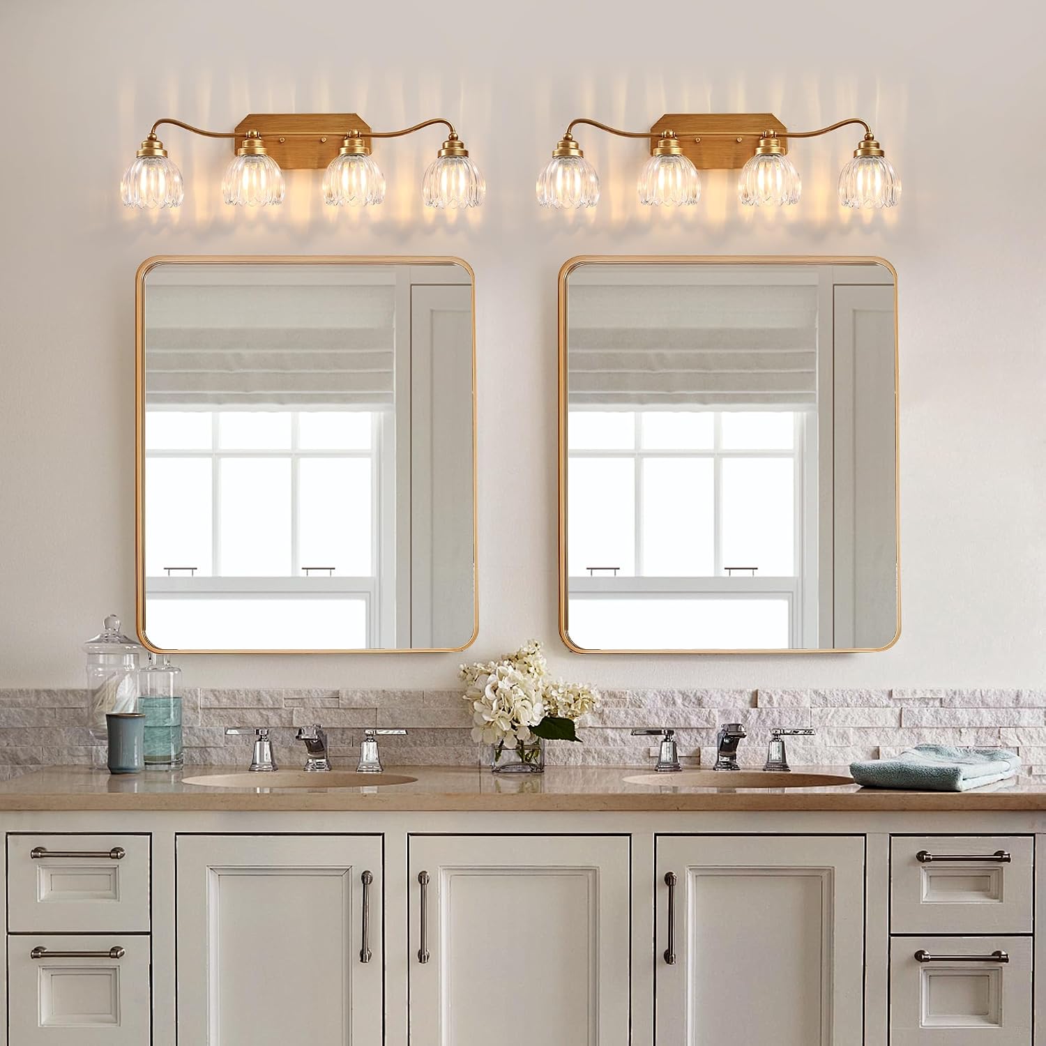 Vintage Bathroom Light Fixtures, 4 Light Gold Bathroom Vanity Light, Matte Antique Brass Finish with Crystal Glass Shade, Wall Sconces Lighting for Bedroom, Living Room, Hallway