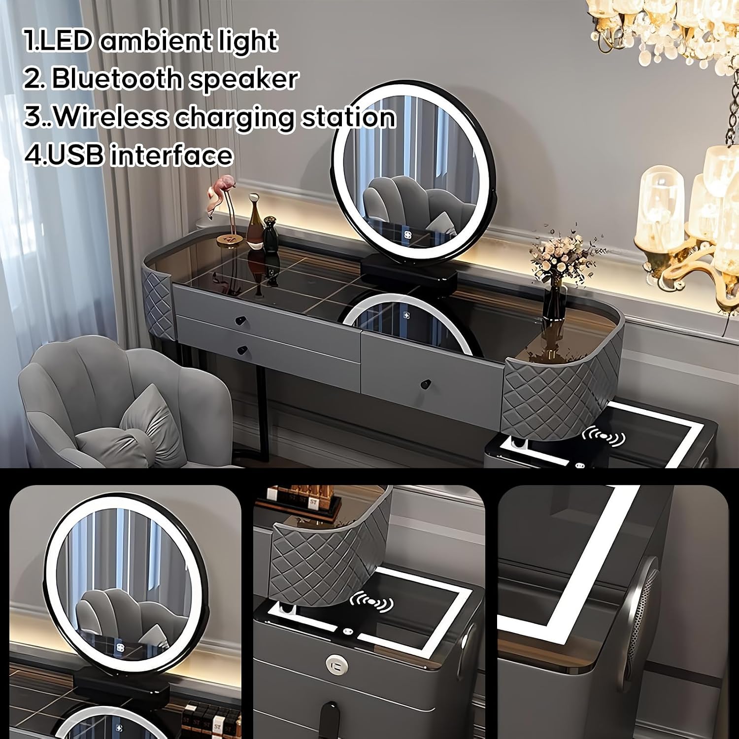 Vanity Desk, Simple Vanities with Chair and Side Cabinet with Drawers, Modern Dressing Table with LED Smart Round Mirror and Tempered Glass Countertop, Solid Wood Bedroom Makeup Vanity (Grey,39')