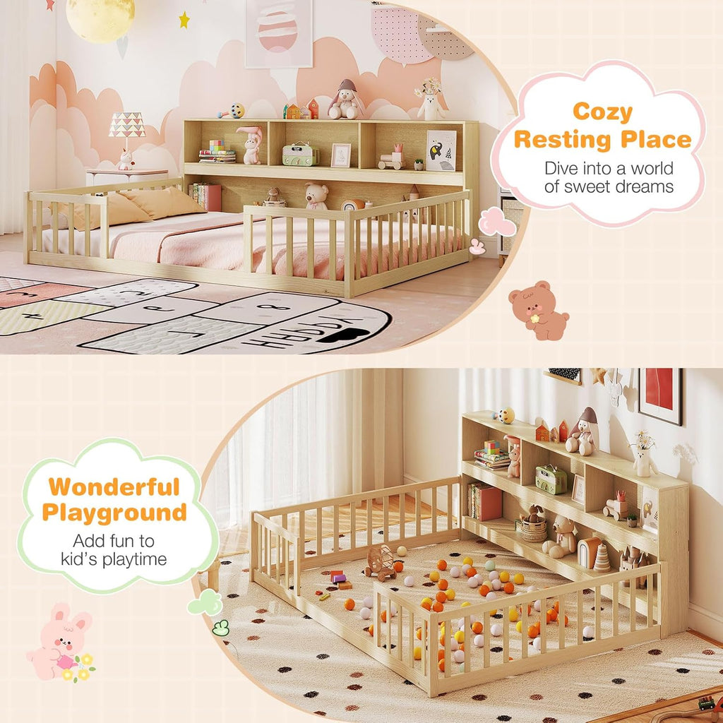 Giantex Full Size Floor Bed for Kids, Wooden Montessori Bed Frame with Bookcase, Storage Shelves & Safety Fence Rails, Floor Beds Full for Girls, Boys, No Box Spring Needed, Without Slats, Natural