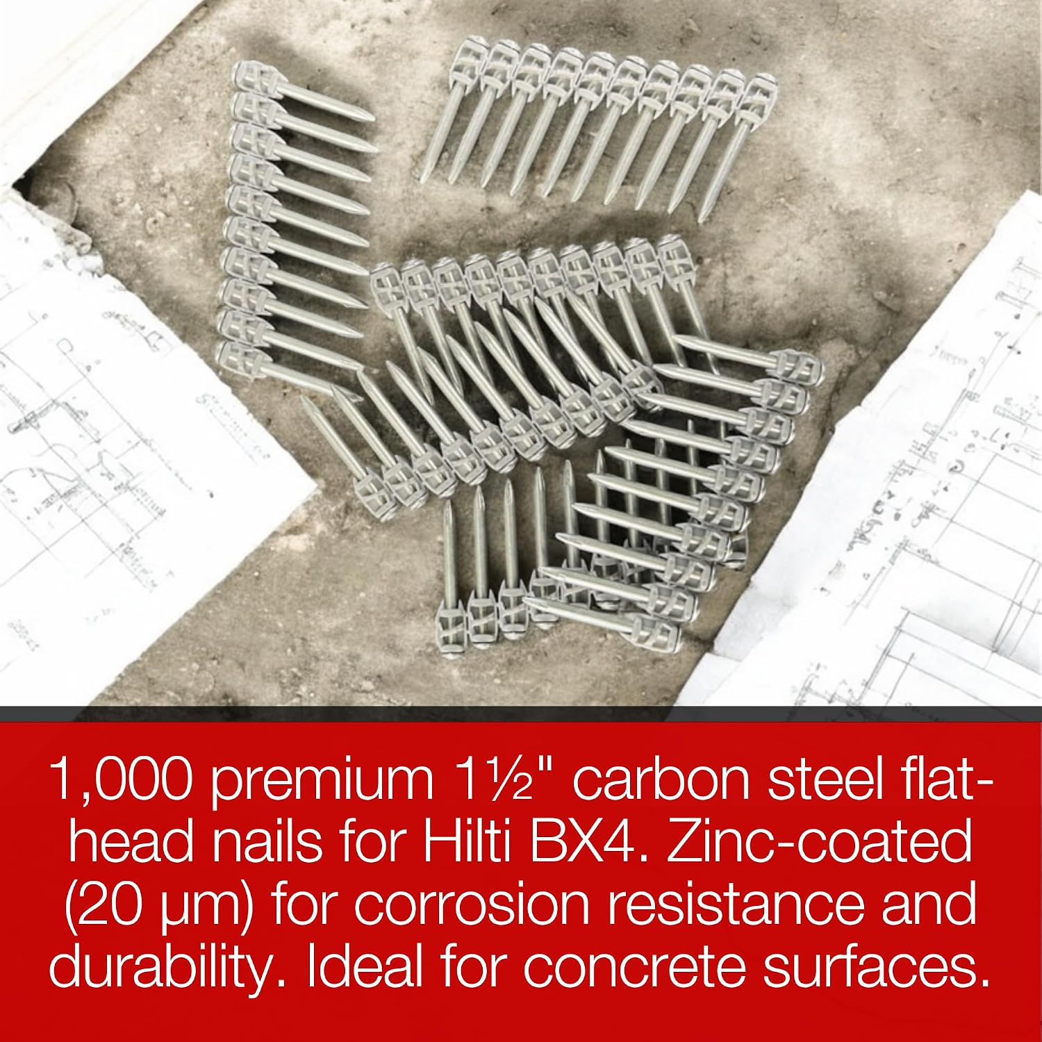 1½″ Concrete Nails Compatible With Hilti BX4 – 1,000 Count Collated Flat Head Shoot-Drive Nails with Hardened Steel Shank – Heavy-Duty Fasteners for Concrete, Masonry & Construction Projects