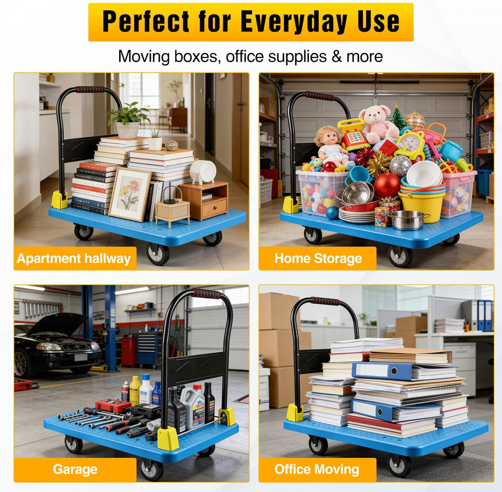 Heavy Duty Platform Cart, 1100 lbs Capacity Push Cart Dolly with 5-Inch TPR Silent Wheels, 35.4 x 23.6 Inch PP Deck Flatbed Cart for Home & Industrial Use, Black