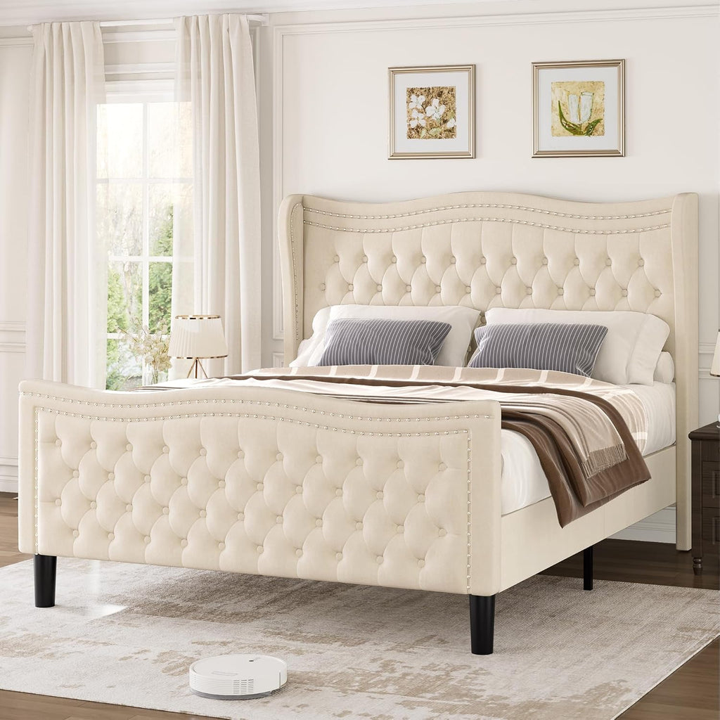 Queen Bed Frame with Tall Headboard & Footboard, Velvet Upholstered Platform Bed Frame with Deep Button Tufted Wingback, No Box Spring Needed, Noise Free, Beige
