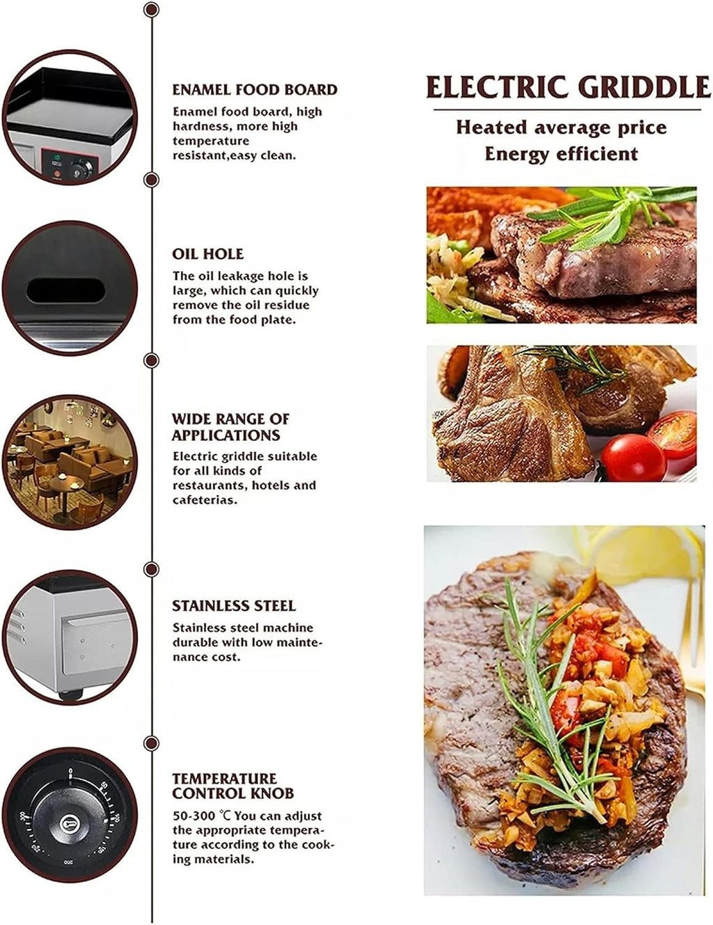 220V Commercial Electric Griddle, 3000W Non-Stick Flat Top Teppanyaki Stainless Steel Grill, Adjustable Thermostatic Control