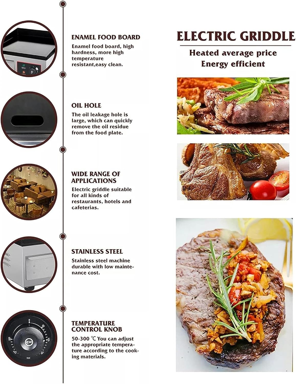 220V Commercial Electric Griddle, 3000W Non-Stick Flat Top Teppanyaki Stainless Steel Grill, Adjustable Thermostatic Control