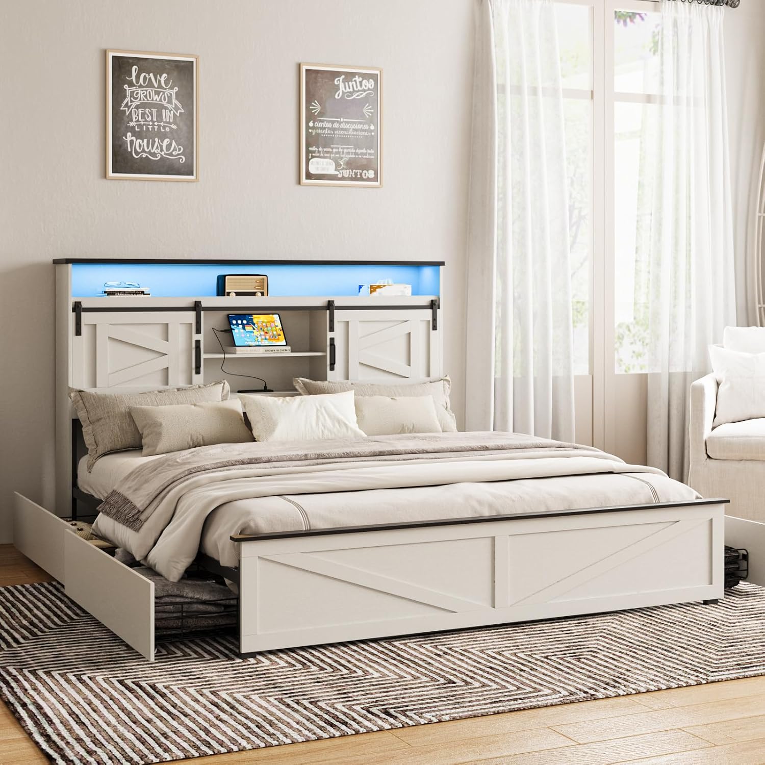 Fameill Farmhouse King Size Bed Frame with 4 Drawers and Bookcase Headboard, Sliding Barn Door Storage Shelves, LED Lights and Charging Station, No Box Spring Needed, Antique White