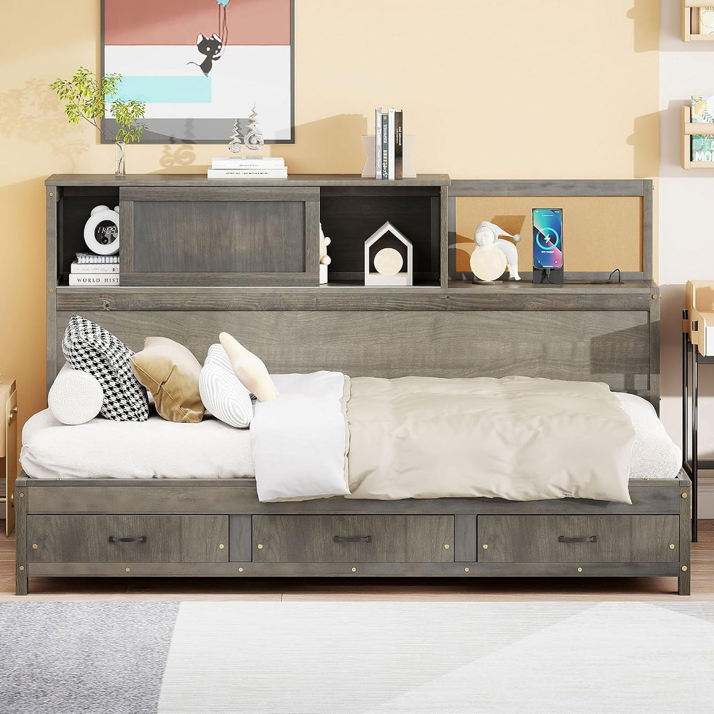 Wooden Daybed with 3 Storage Drawers, Upper Soft Board, Shelf, and a Set of Sockets and USB Ports, Twin Size, Gray
