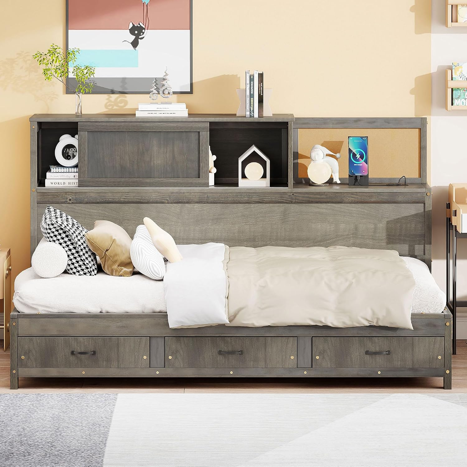 Wooden Daybed with 3 Storage Drawers, Upper Soft Board, Shelf, and a Set of Sockets and USB Ports, Twin Size, Gray