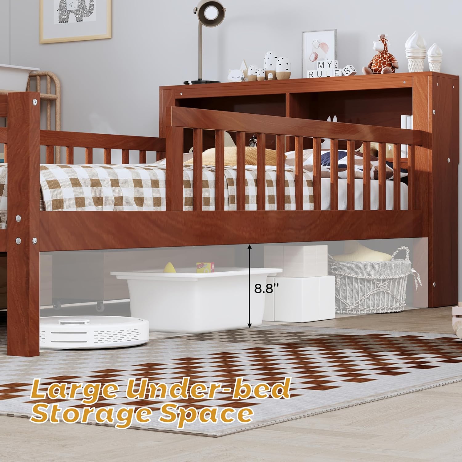 VilroCaz Wood Twin Size Platform Bed with Safety Fence for Kids Boys Girls, Platform Bed Frame with Practical Headboard and 2 Under-Bed Drawers, Sturdy Slats Support (Walnut-3.15)