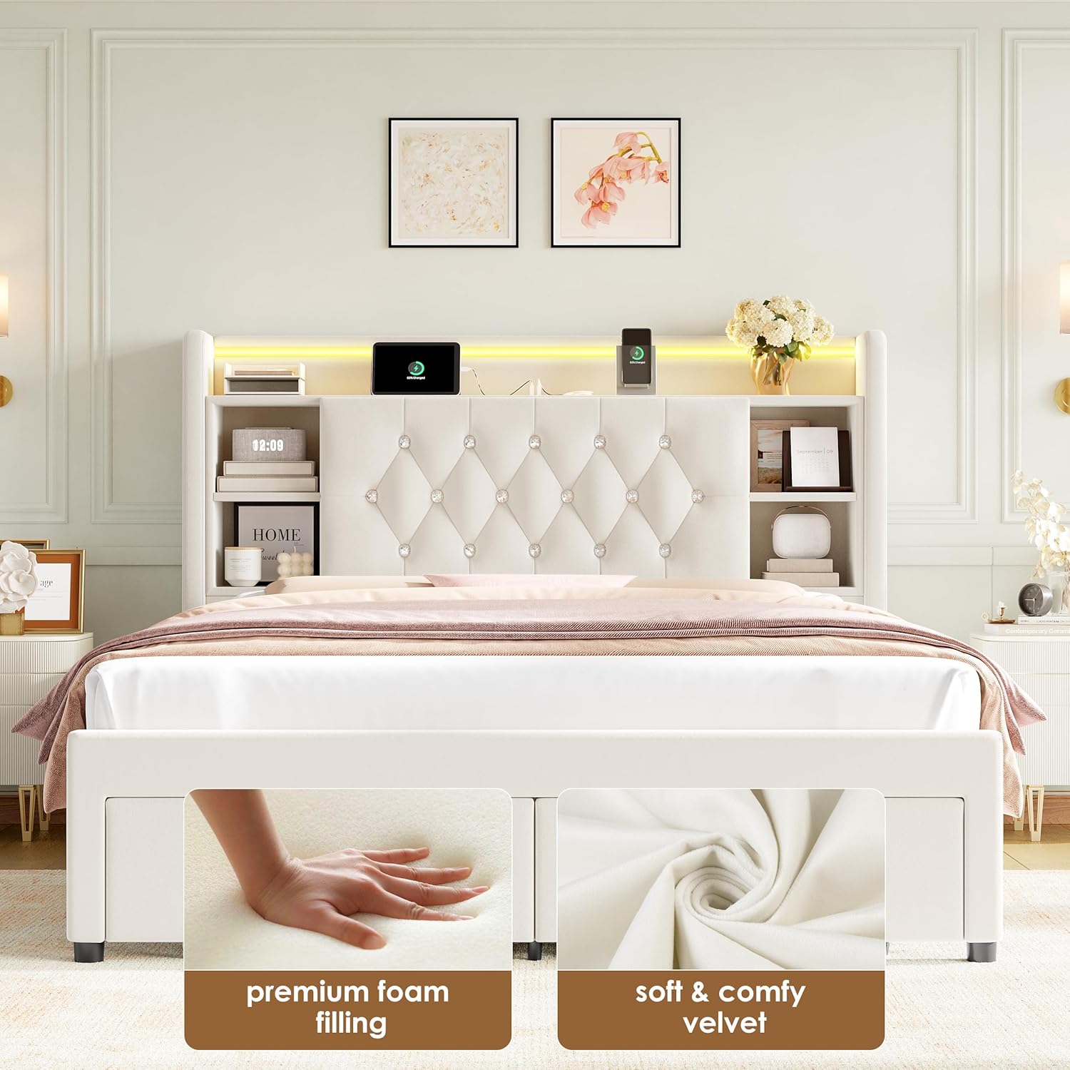Queen Bed Frame with Drawers, Hidden-Cubby & Shelves Storage Headboard with Charging Station and LED Lights, Velvet Upholstered Platform Bed Solid Wooden Slats Support No Box Spring Needed, Beige