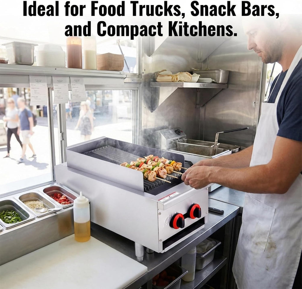 Commercial Gas Charbroiler, 14' 2-Burner 40,000 BTU Countertop Gas Grill, Heavy-Duty Stainless Steel, ETL Certified for Restaurant Kitchen, Food Truck, Cafeteria