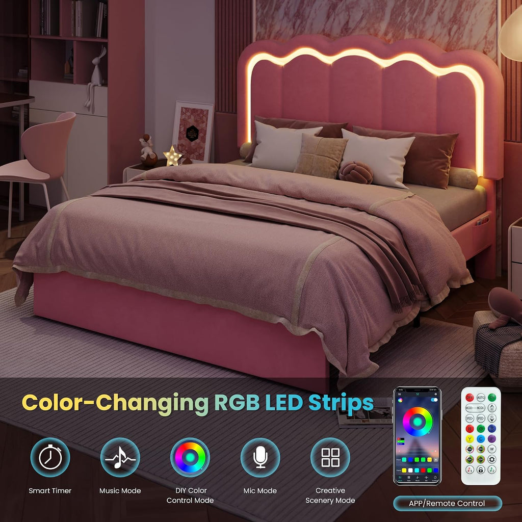 SHA CERLIN Upholstered Queen Size Bed Frame with LED Lights and Large Storage Drawer, Velvet Platform Bed with Adjustable Wavy Headboard, Noise Free, Easy Assembly, No Box Spring Needed, Soft Pink