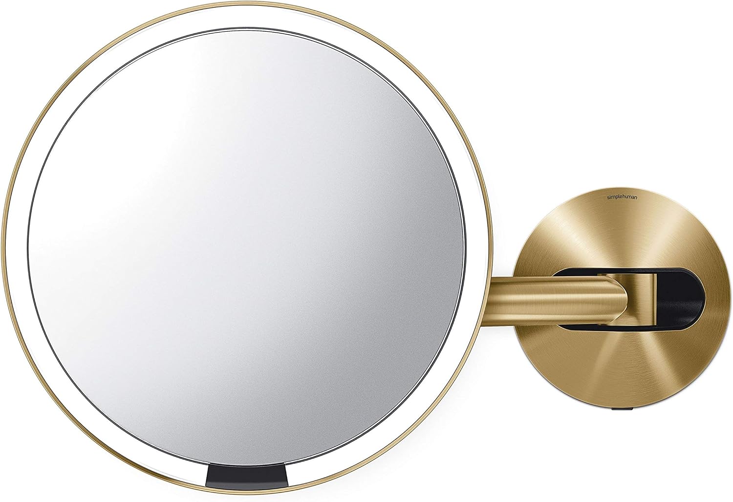 simplehuman Sensor Mirror, Wall Mount Makeup Mirror with Light, 8' Round Lighted with Magnification (5X), Hard Wired, Swing Arm, Brass Stainless Steel