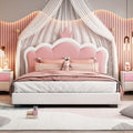 Merax Kid Full Upholstered Day Bed Frame with Crown Headboard, Wood Princess Low Platform Bed for Boys Girls,Easy Assemble White+Pink