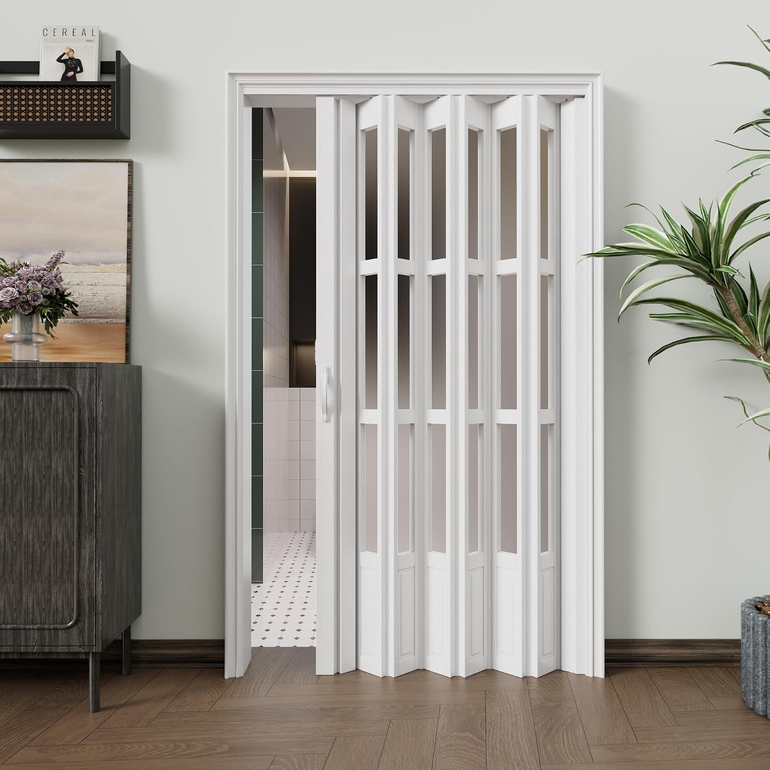 Enhanced Double-Layer Accordion Doors 24'-36' x 80', with Upgraded Roller & Handle & Complete Hardware, Interior Multifold Folding Doors for Closet & Pantry, Easy Installation