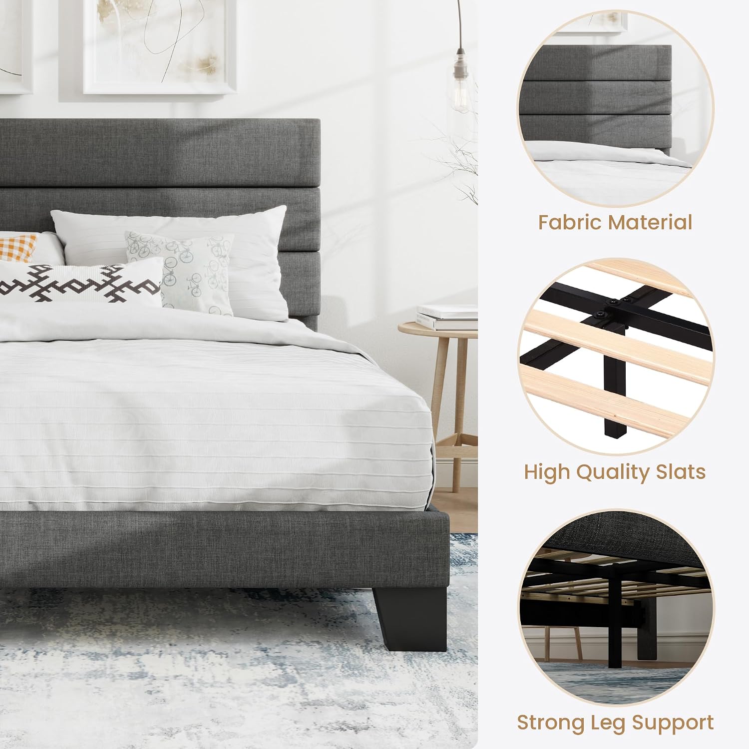 SHA CERLIN Full Platform Bed Frame with Upholstered Fabric Headboard, Mattress Foundation with Strong Wooden Slats Support, No Box Spring Needed, Grey