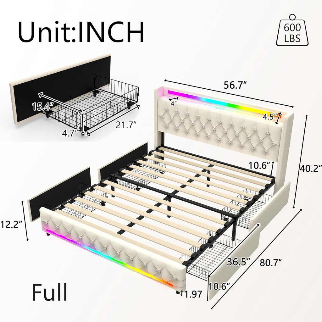 Juego 5-in-1 Full Bed Frame with Bluetooth Speakers,LED Light,Charging Station,4 Drawers Storage,Wooden Slats Support,Modern Velvet Upholstered Platform Bed with Headboard,No Box Spring Needed,Beige