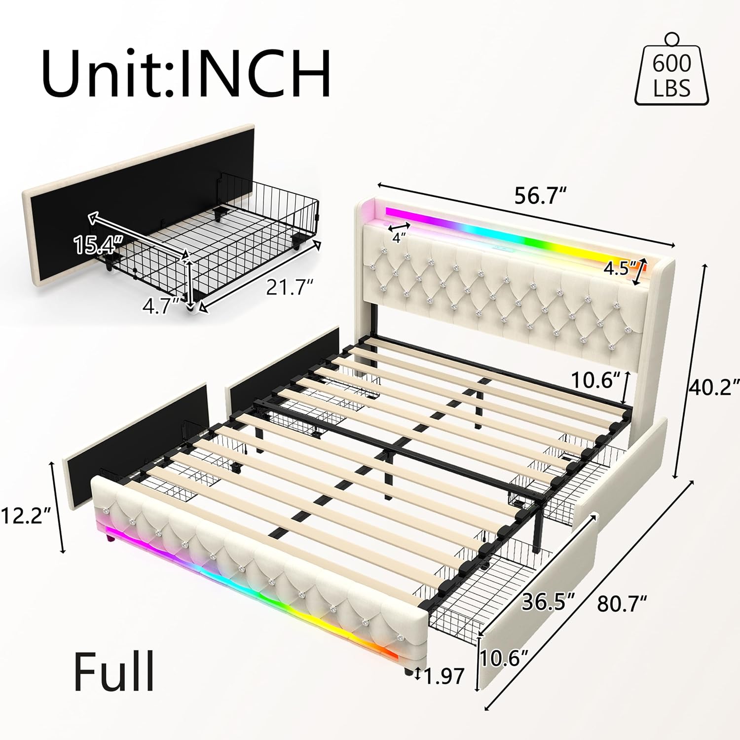 Juego 5-in-1 Full Bed Frame with Bluetooth Speakers,LED Light,Charging Station,4 Drawers Storage,Wooden Slats Support,Modern Velvet Upholstered Platform Bed with Headboard,No Box Spring Needed,Beige