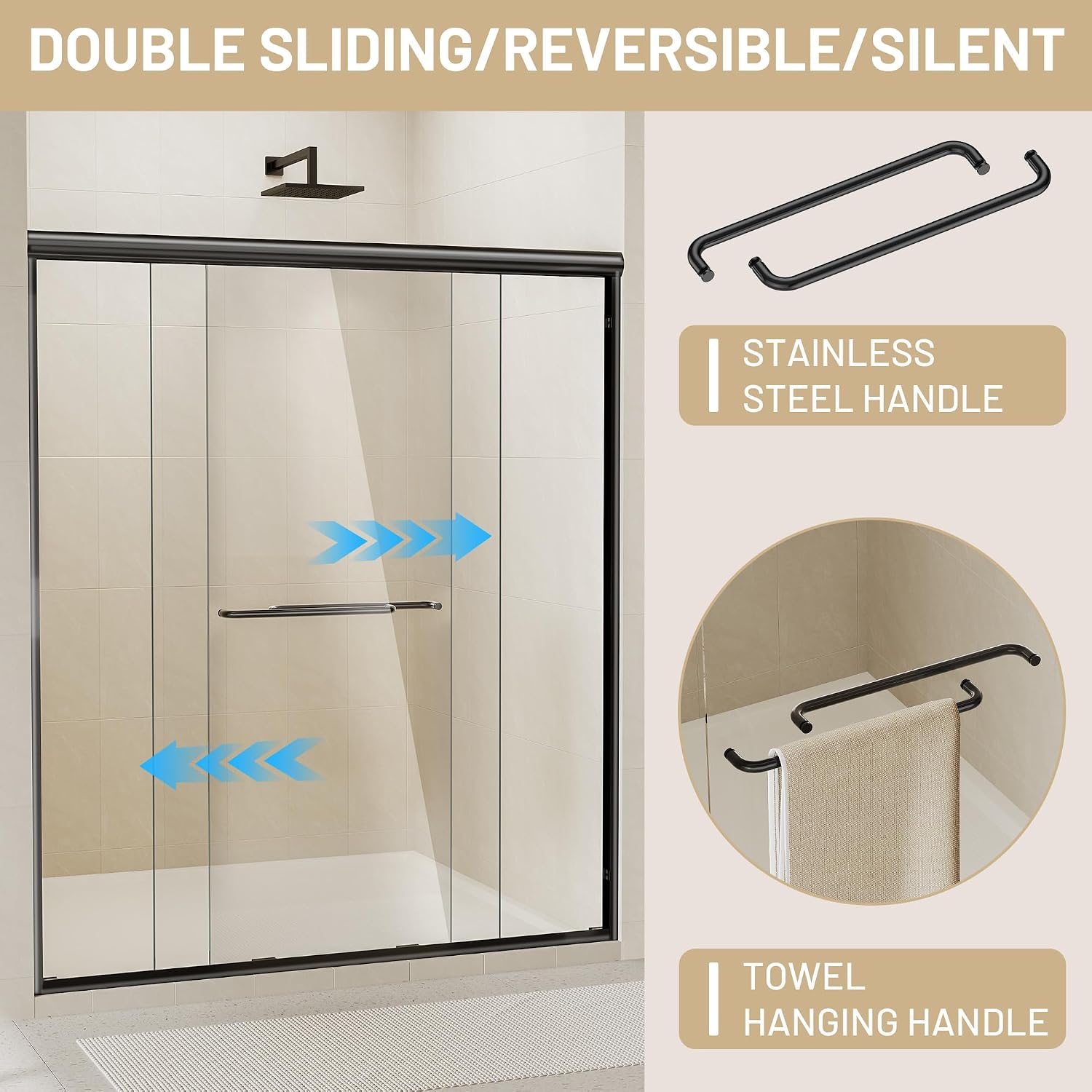 Findepot 44-48' W x 70' H Double Sliding Shower Door, Semi-Frameless Shower Door with 1/4'(6mm) Clear Tempered Glass, Silent Soft-Close Door for Walk-in Shower, Matt Black