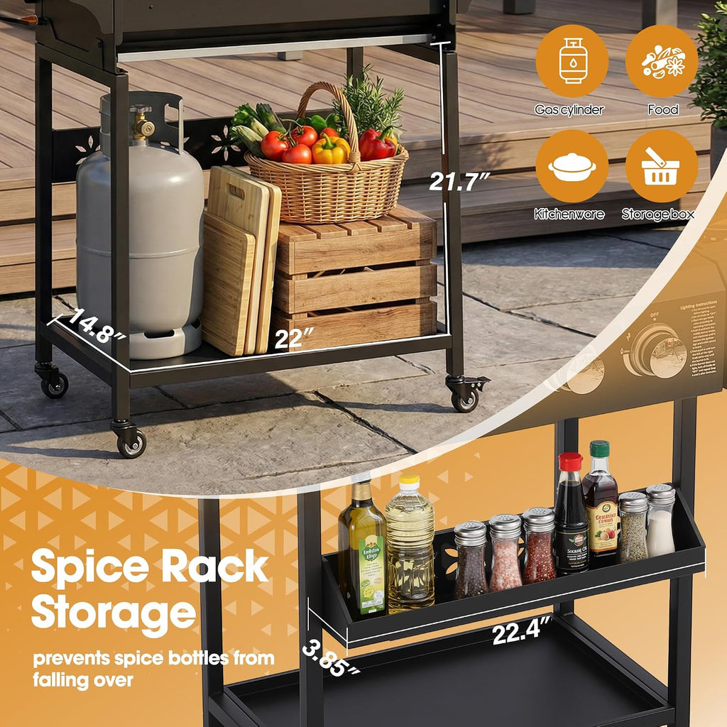 4-Burner Propane Gas Grill with Side Burner, 50,000 BTU Output Portable Outdoor BBQ Grill with Wheels, Stainless Steel Grates, Side Table and Spice Rack for Backyard, Patio, Camping