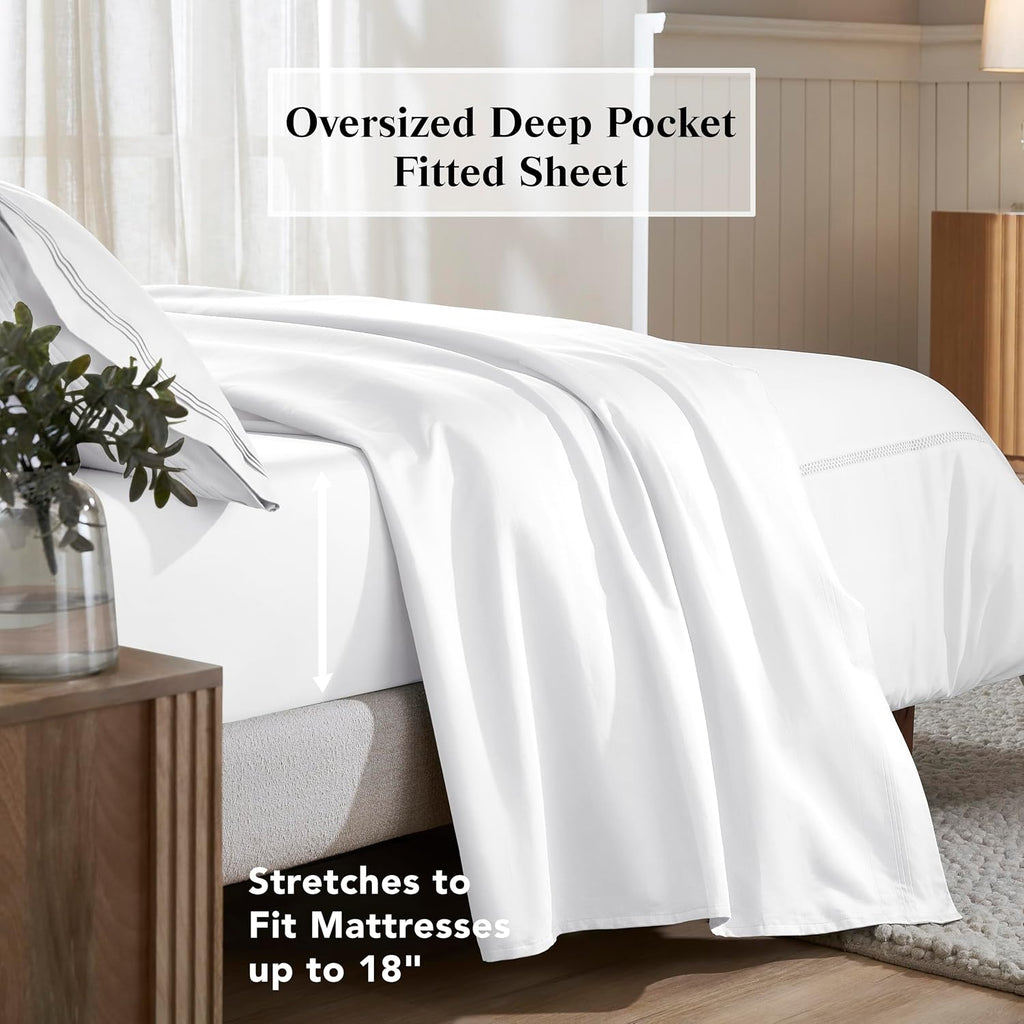Superior Egyptian Cotton 4 Piece Sheet Set, 650 Thread Count, Modern Design, Sustainable Sheets, Ultra-Soft Basics, Solid, Deep Pocket Fitted Sheet, Flat Sheet, Pillowcases, King, White