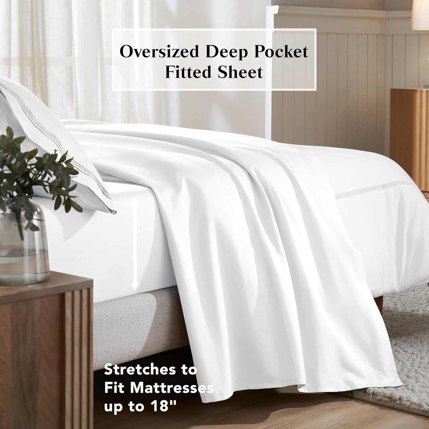 Superior Egyptian Cotton 4 Piece Sheet Set, 650 Thread Count, Modern Design, Sustainable Sheets, Ultra-Soft Basics, Solid, Deep Pocket Fitted Sheet, Flat Sheet, Pillowcases, King, White