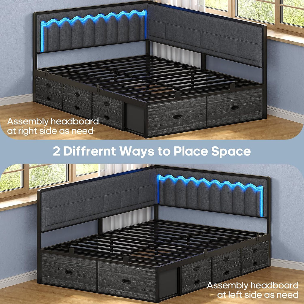 ADORNEVE Full Corner Bed Frame with 8 Drawers, 6 Storage Pockets, Full Daybed with Storage and RGB Wave Lights, Platform Bed with L-Shaped Upholstered Guardrail for Kids Teen,Grey
