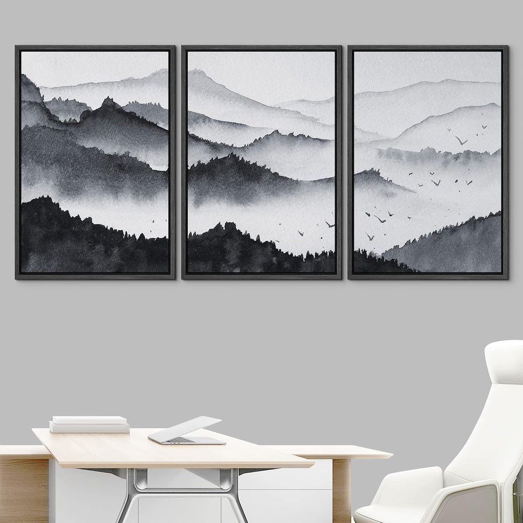NWT Framed Canvas Print Wall Art Set Pastel Watercolor Misty Mountain Forest Nature Wilderness Illustrations Modern Art Decorative Landscape Rustic for Living Room, Bedroom, Office - 16'x24'x3 Black
