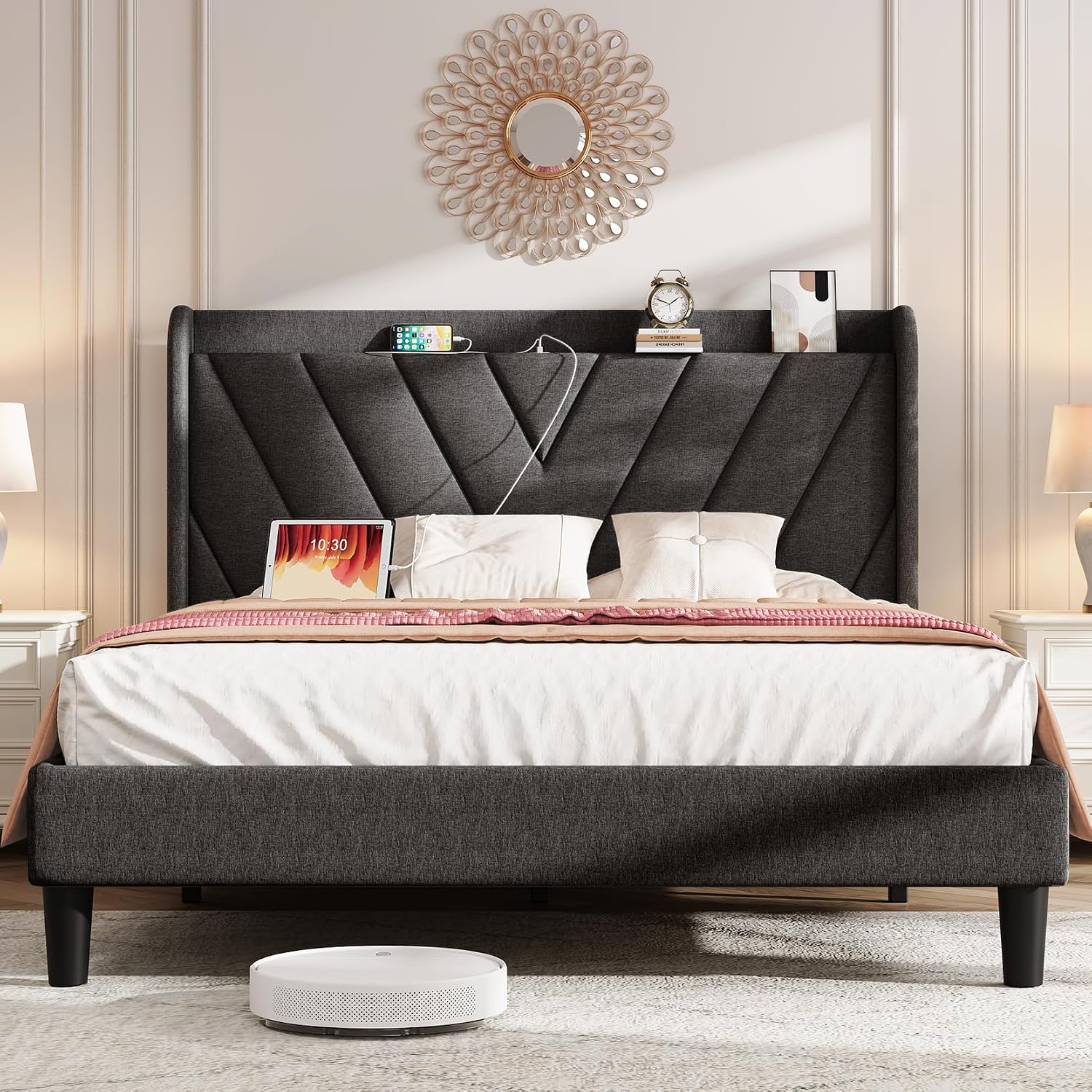koorlian Full Size Bed Frame, Full Bed Frame with Headboard, Adjustable Upholstered Bed Frame with Type-C&USB Port, Wingback Storage Headboard, Noiseless, No Box Spring Needed, Dark Gray