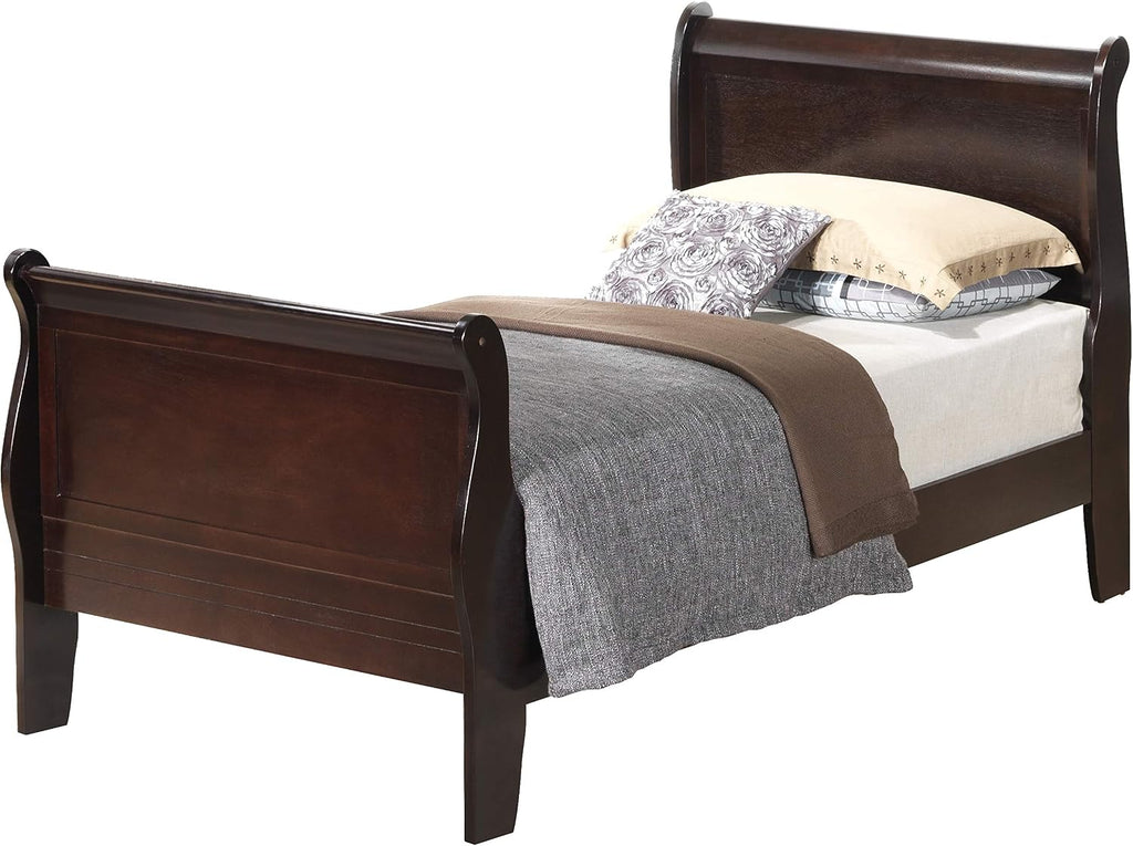 GDFStudio Twin Size Wood Platform Bed Frame, Classic Sleigh Design with Curved Trim & Wood Posts,Easy Assembly, Box Spring Required,Timeless Elegant Bedroom Furniture,Cappuccino