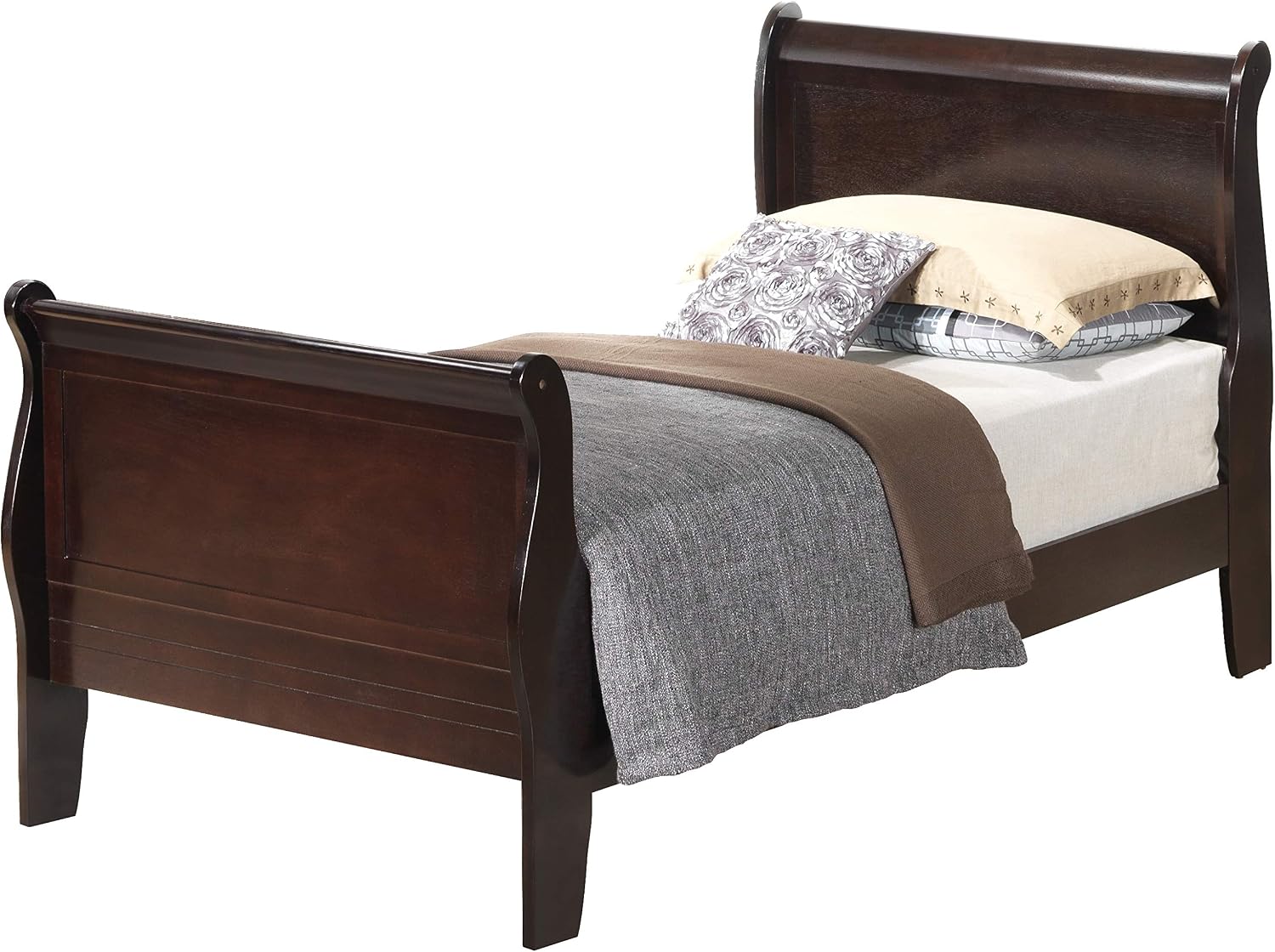 GDFStudio Twin Size Wood Platform Bed Frame, Classic Sleigh Design with Curved Trim & Wood Posts,Easy Assembly, Box Spring Required,Timeless Elegant Bedroom Furniture,Cappuccino