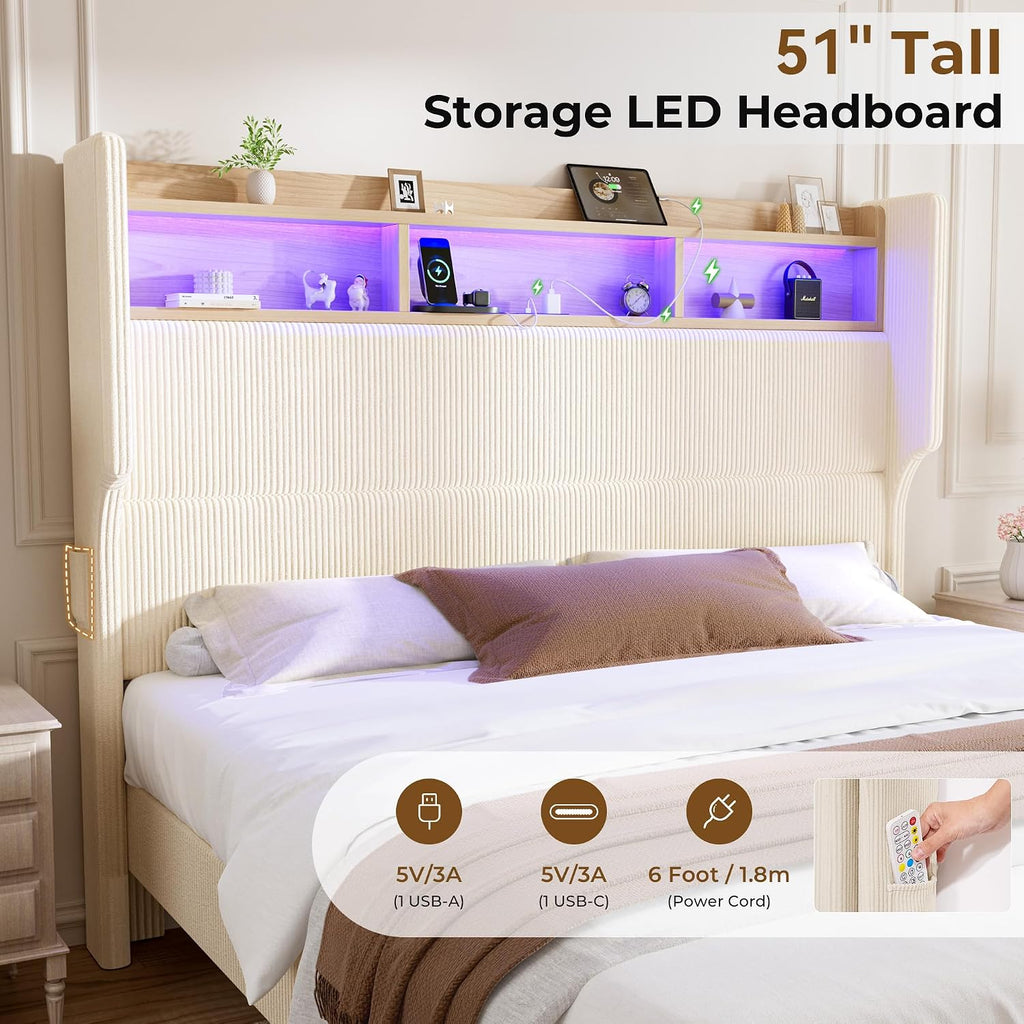HOMRELEXA King Size Bed Frame with 51' Tall Headboard, LED Lights & Charging Station, Corduroy Upholstered Platform Bed with Storage Shelf, No Box Spring Needed, Cream