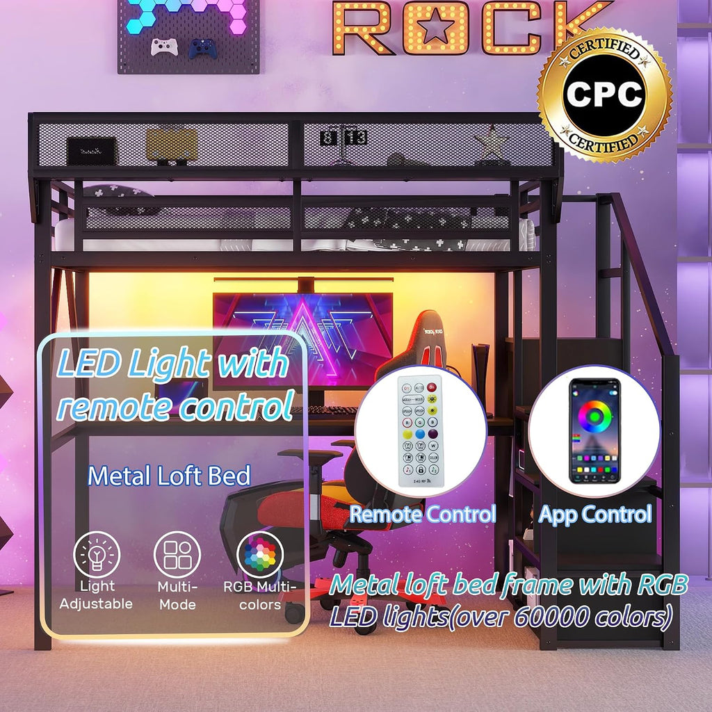 Metal Loft Bed with Desk and RGB LED Lights,Kids Loft Beds with Stairs and Charging Station,Full Size Loft Bed with Storage Shelves for Upper and Wardrobe,Loft Beds Frame for Kids(Black)