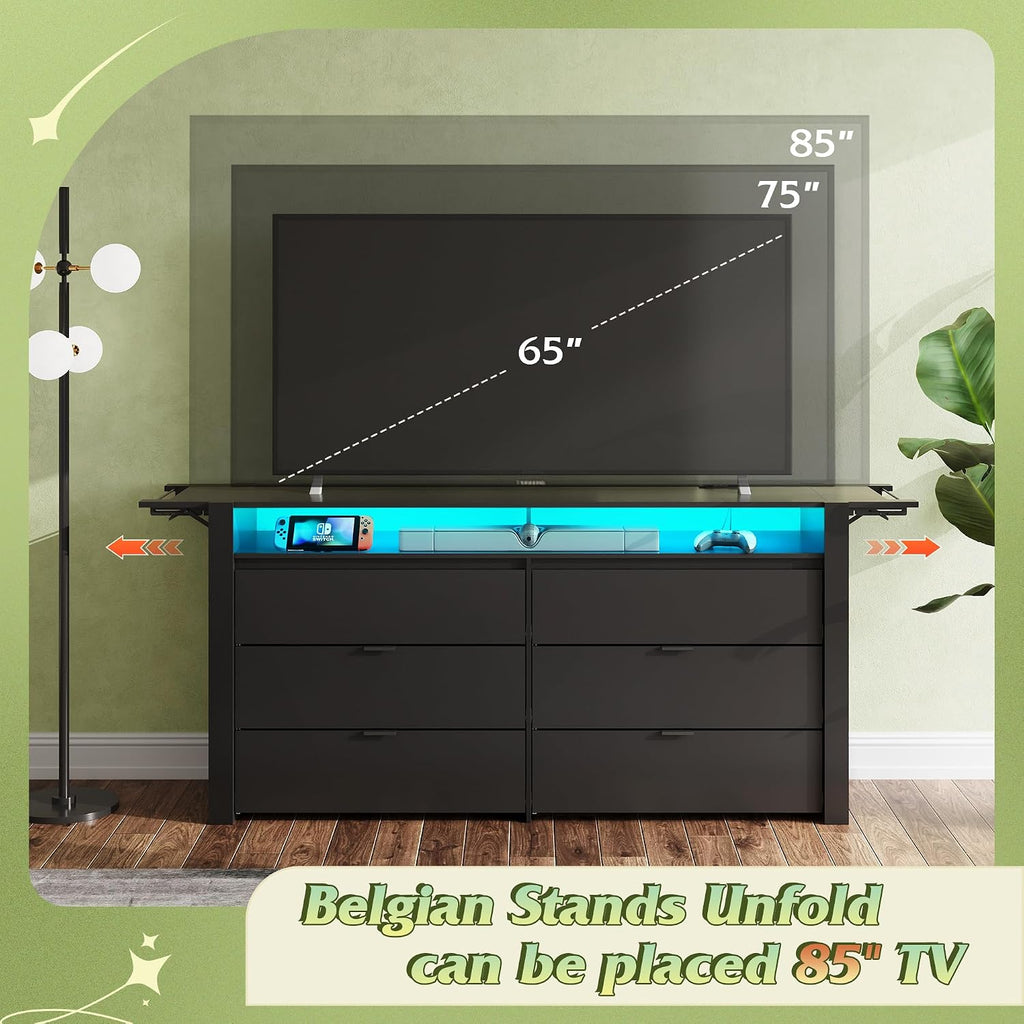 WLIVE 78 Inch LED Dresser for Bedroom, Black Dresser with Charging Station, Large Chest of Drawers Expandable with Flexible Shelves and Hanging Rack, Wood Dressers for Closet, Living Room (85' TV)